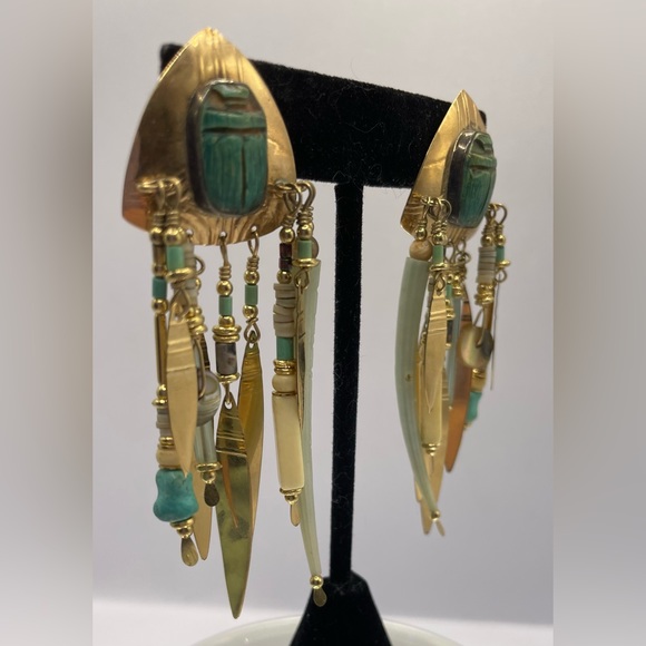 Vintage Signed Tabra Scarab Dentalium Gold Filled Dangle Earrings Pierced - Picture 3 of 12